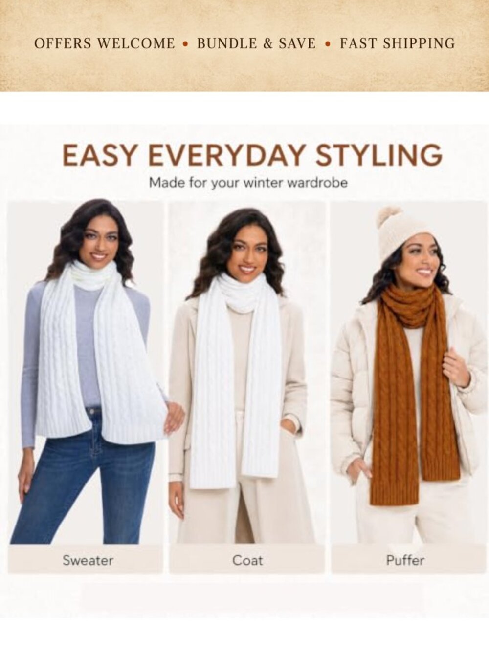 Cable Knit Ribbed Winter Scarf Polyester Long Rectangular - Picture 5 of 6